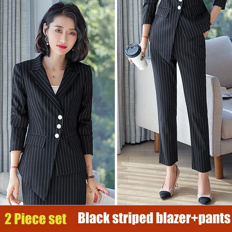 black pant suits Английский стиль Полосатый Бизнес женские брючные костюмы плюс размер работы офиса дамы длинный рукав тонкий формальный Блейзер и брюки комплект - Цвет: black pant suits