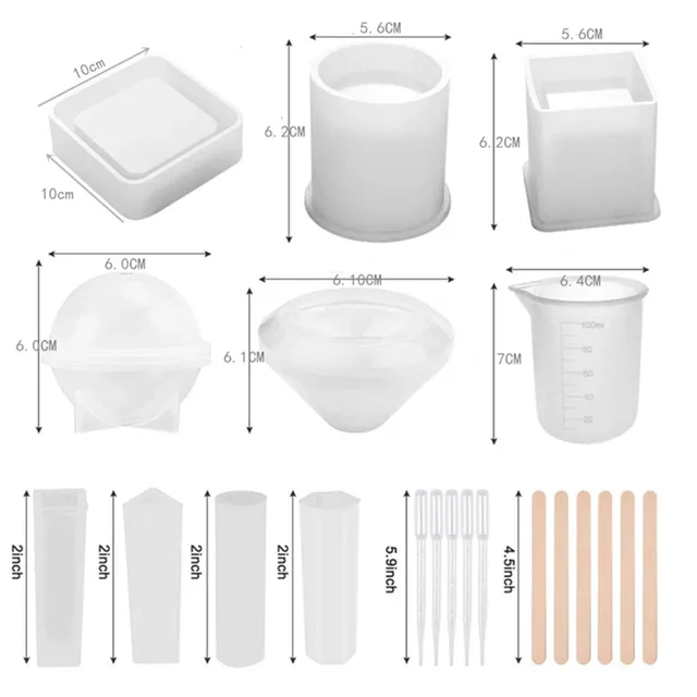 Moldes de resina de silicona, 5 moldes de fundición de resina, incluyendo  esfera, cubo, pirámide, cuadrado, redondo con 1 taza medidora y 5 pipetas  de