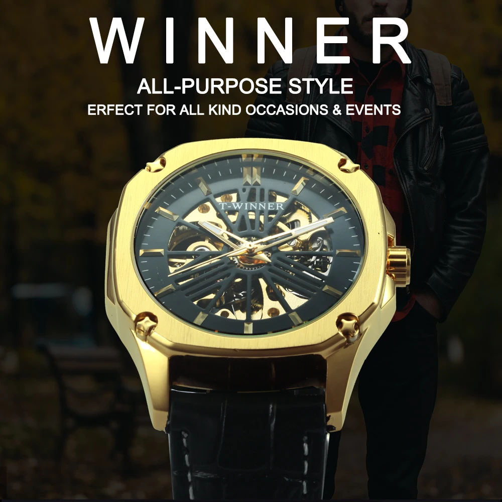 WINNER, официальные модные спортивные часы, мужские автоматические механические часы со скелетонным циферблатом из искусственной кожи, мужские квадратные часы, Топ бренд класса люкс