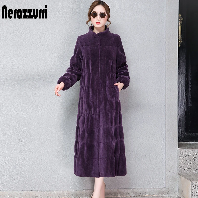 

Nerazzurri Luxury long natural real fur coat women long sleeve stand collar pleated pink purple plus size shearling long jacket