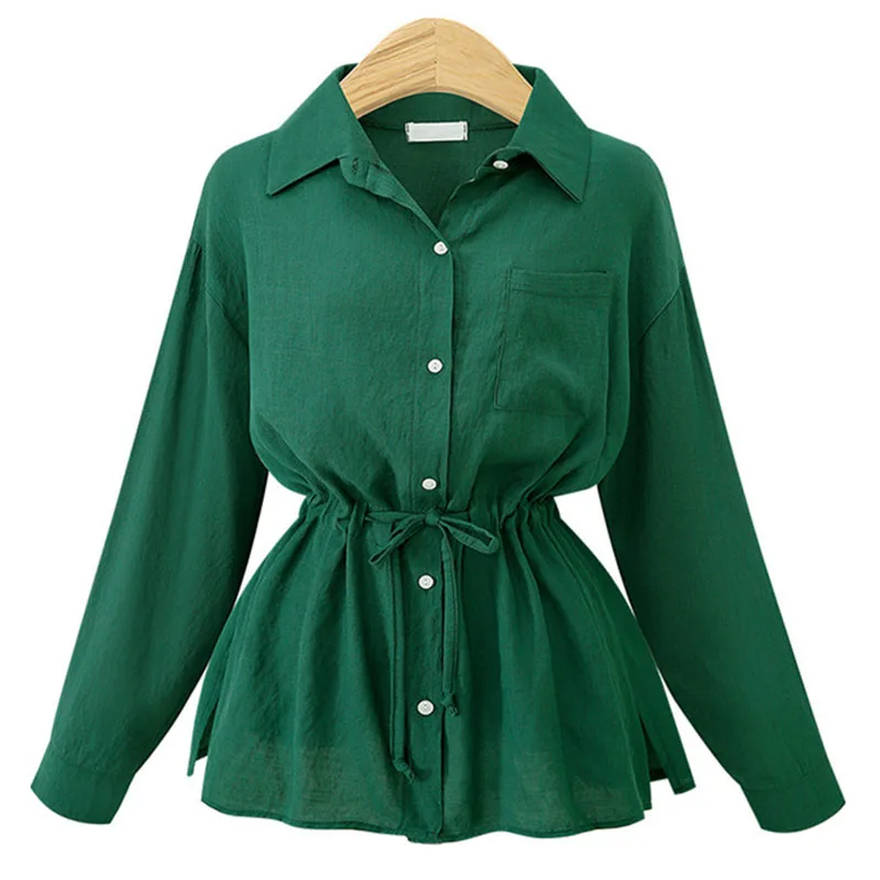 

New Euro Style Long Sleeve Elegant Women Shirt Spring Summer Casual Office Lady Drawstring Wasit Slim Long Blouse Mujer