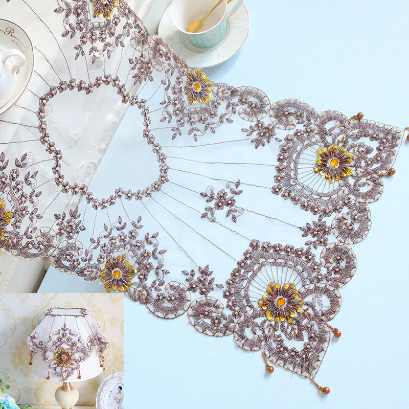 

European-style Lace Handmade Beaded Brown Table Runner Flag Cabinet Bedside Desk Cover Cloth Camino De Mesa Banquet Decoration