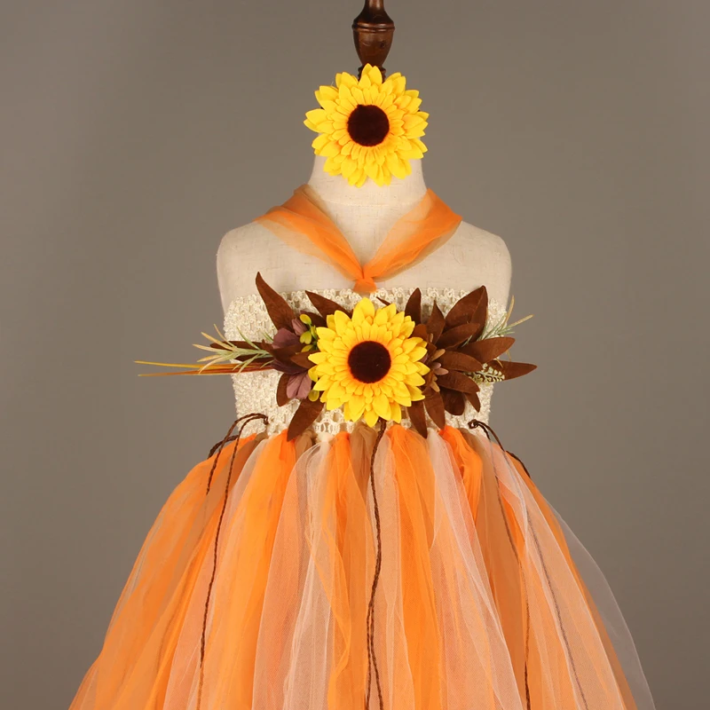 Autumn Scarecrow Girls Tutu Dress Set Kids Halloween Tulle Scare Crow Costume Fall Colored Flower Children Wedding Couture Dress (14)