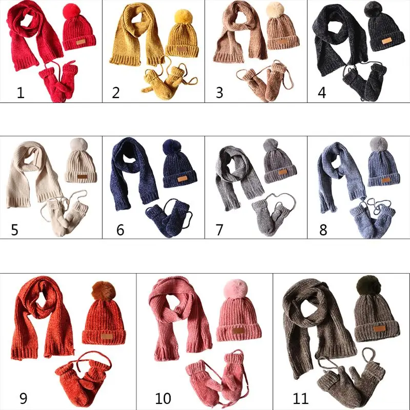 3 в 1 детская зимняя вязаная теплая шапочка с помпоном шапка шарф перчатки Комплект
