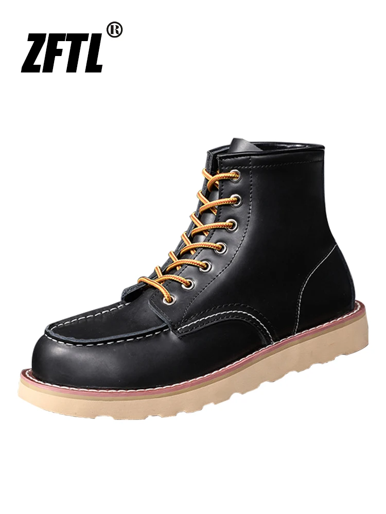 ZFTL Men Ankle Cow Leather Vintage Motorcycle Chelsea Boots Tooling Boots Winter Cotton Casual Retro Lace up Brown Leather boots Mens leather boots Motorcycle leather boots
