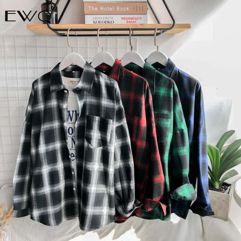 EWQ / Men Plaid Shirts INS Style 2020 Man White Red Black Long Sleeve Male Oversized Top Shirt Plus Size Tide 9A378 | Мужская одежда