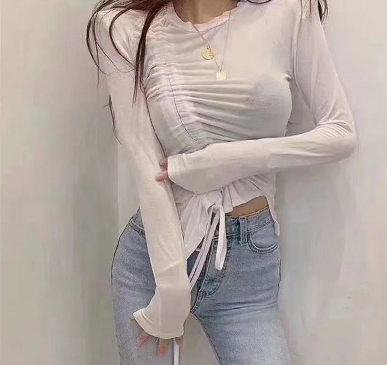 WHITNEY WANG Fashion Streetwear Drawstring Ruched Slim t shirt Women T-Shirt tee shirt femme