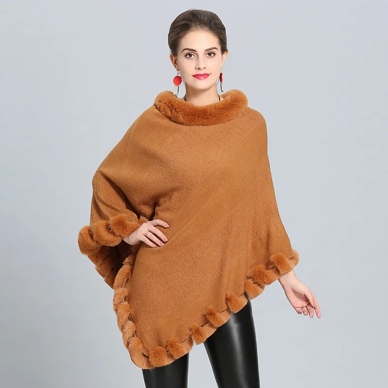 

SWONCO Knitting Pullover Sweater Women Winter Long Poncho Fur Cape For Women 2019 New Warm Female Shoulder Capes Cloak With Fur