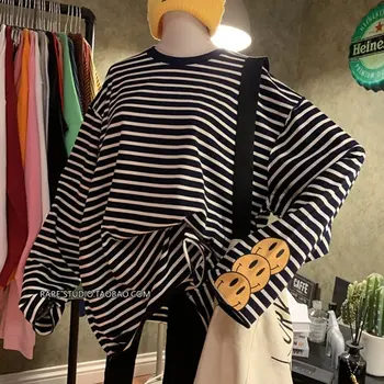 

Femme Striped Tees 2020 Korean Loose Cotton Clothes Vintage Causal T Shirt Streetwear Top Woman