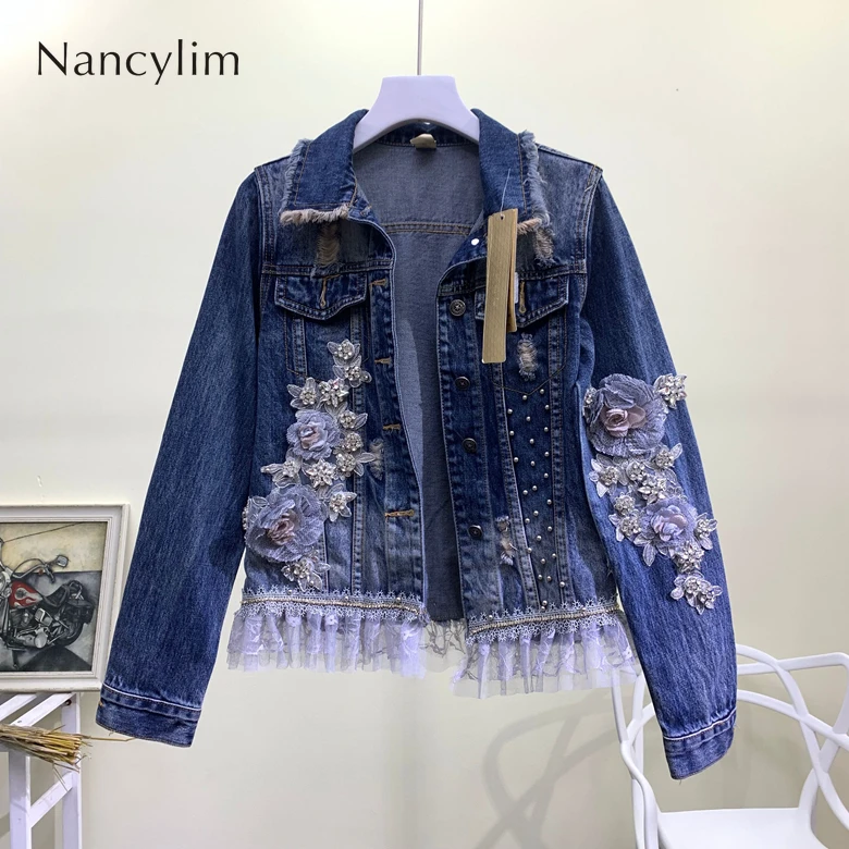 

2019 Autumn Fashion Ripped Jean Jacket Women New Beads Embroidered Three-dimensional Flower Denim Jacket Coat Girl Students Coat