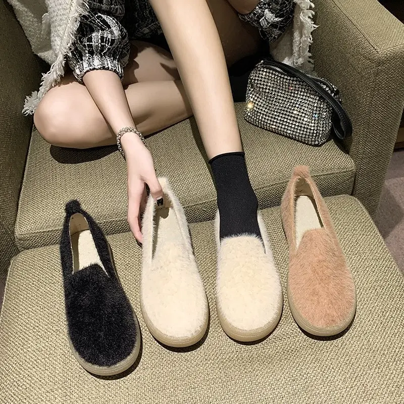

Fur Flats Loafers Women Shoes New Casual Shoes Soft Bottom Warm Winter Furry Footwear Outdoor Autumn Shoes Woman Luxury Flats