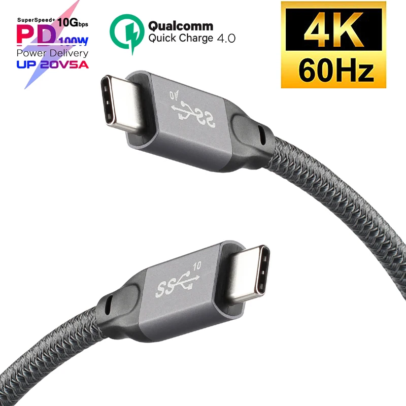 USB 3,1 Gen 2 tipo C Cable de 10Gbps USB-C a la policía de 5A 100W de carga rápida para Thunderbolt 3 20Gbps DP 4K @ 60Hz USB-C cargador Cable