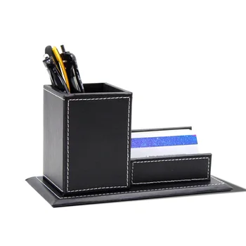 

Multifunctional Students Accessories PU Leather Solid Pen Storage Office 2 In 1 Durable Desktop Business Card Holder Stationery