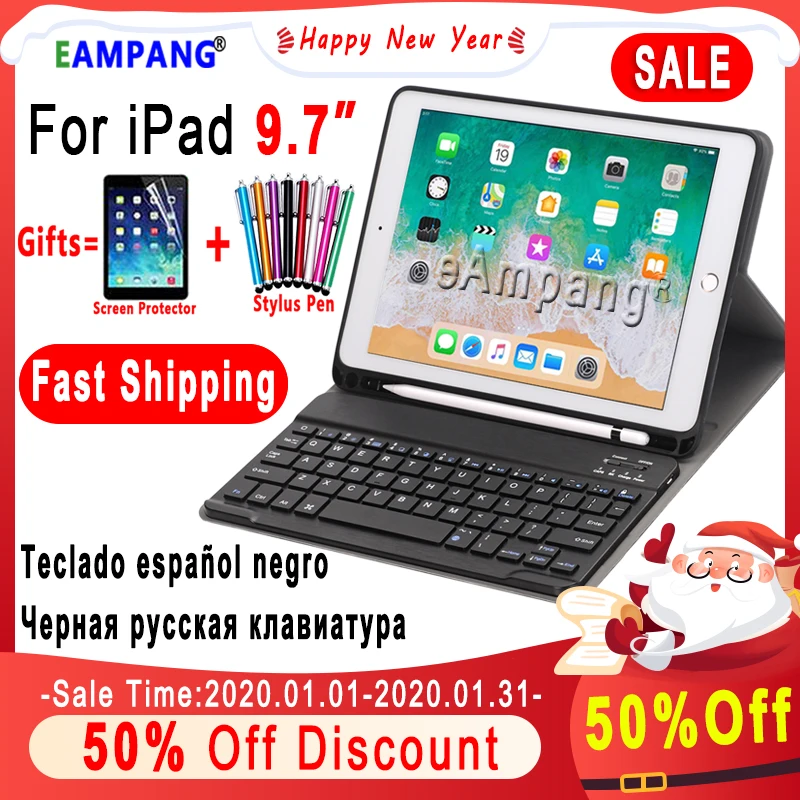 Online Para iPad 2018 caso con lápiz soporte para iPad 9,7, 2017 de 2018 5th 6th generación de aire 1 2 ruso teclado caso
