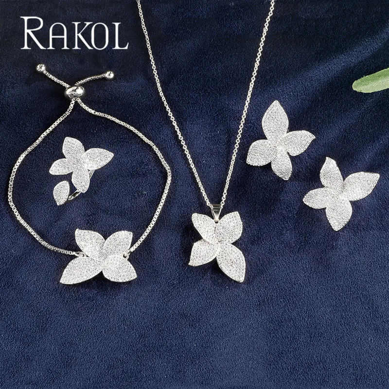 ZAKOL, роскошные серьги в виде цветка с кубическим цирконием ААА, кольцо, браслет, ожерелье, набор для женщин, свадебные ювелирные изделия, FSSP3077 - Окраска металла: 4 pcs Set White 7