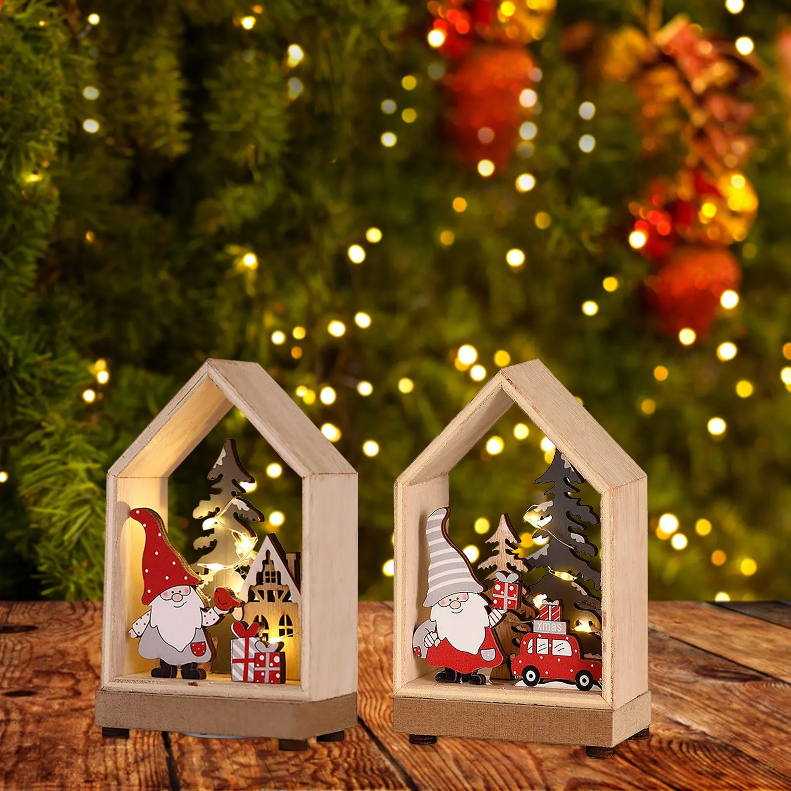 DIY Christmas Tree Wood House LED Light Hanging Ornaments Holiday Decoration 