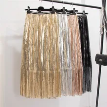 НОВАЯ шикарная юбка с пайетками и бахромой, Женская Корейская эластичная талия, средняя длина, тонкая посылка, Женская юбка с блестками, Femininos
