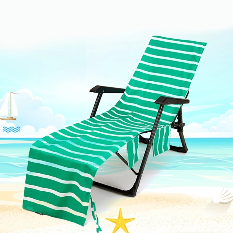 Striped Printed Chaise Lounge Chair Cover Beach Bath Towel with Side Pockets for Outdoor Patio Lawn Sun Lounger Holiday
