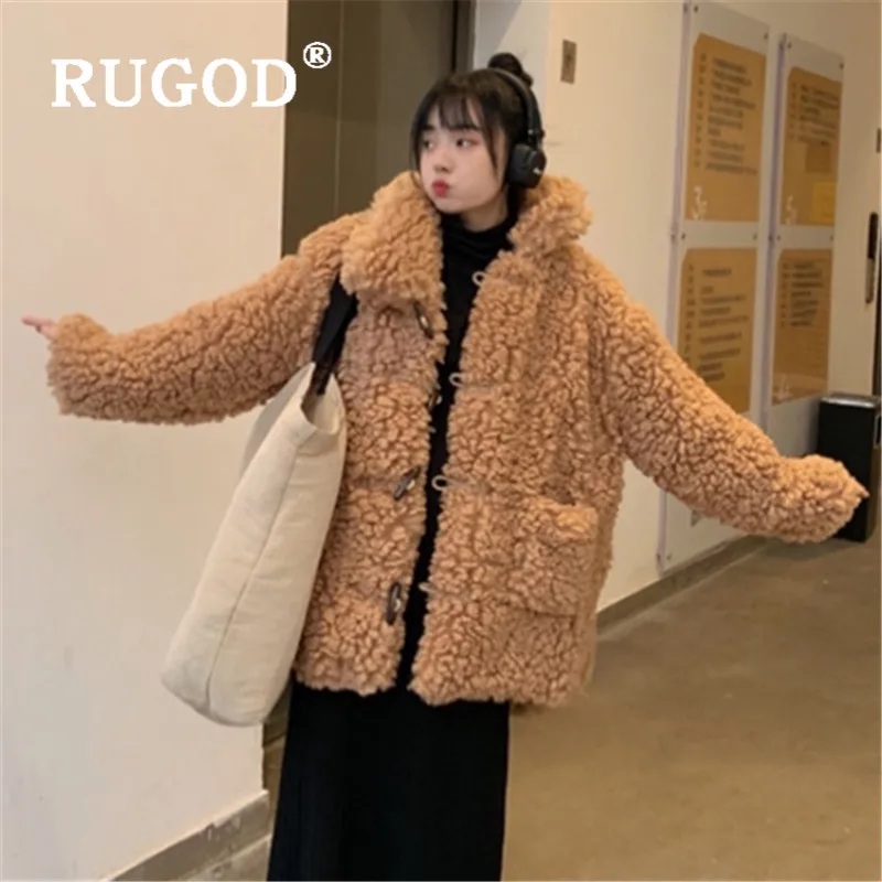 Пальто женское RUGOD модное пушистое пальто из овечьей шерсти женское повседневное плотное теплое зимнее пуговицы-рог для пальто Длинная шерстяная куртка парка manteau femme