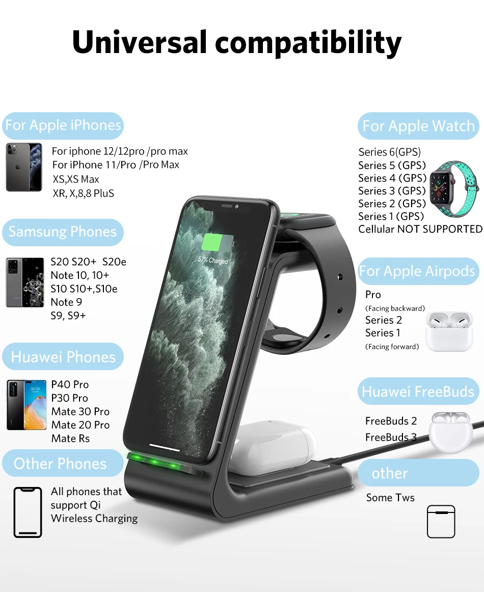 USLION 3 In 1 Wireless Charger Fast Charge For iPhone 11 Pro Charger Dock For Apple Watch Airpods Pro 10W Wireless Charge Stand