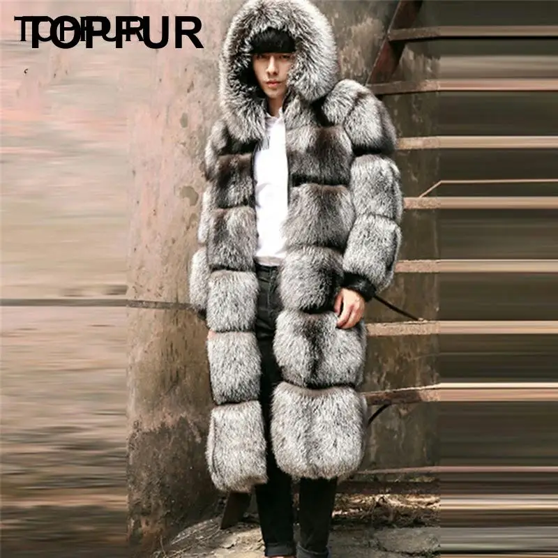 

TOPFUR Men's Winter Collection Fur Coat Natural Silver Fox Fur Coat With Hooded Genuine Leather Jackets Spring Real Fur Coat Men