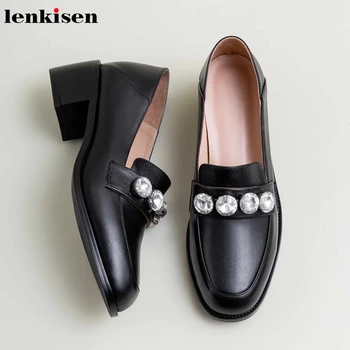 

Lenkisen fashion shiny crystal decorations genuine leather solid loafers shoes round toe med heels daily wear slip on pumps L52