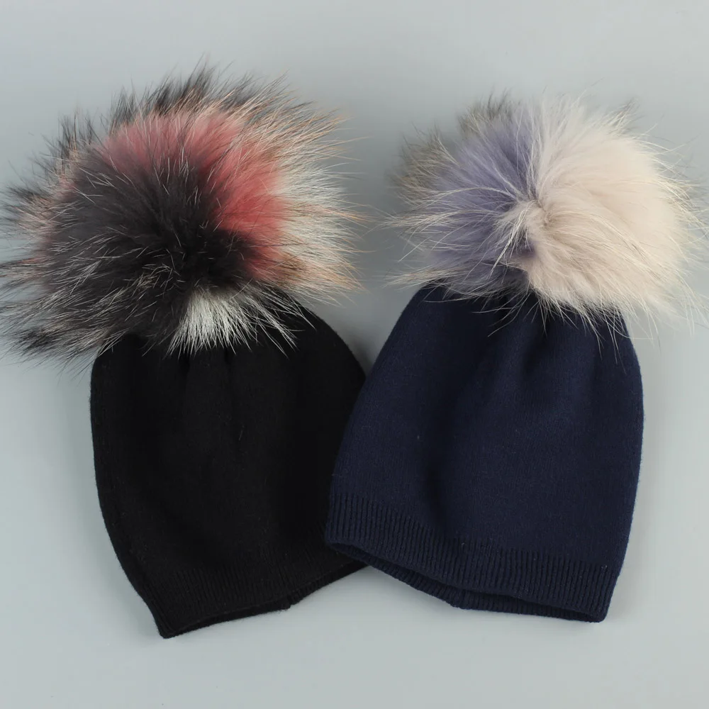 Newborn Girls Boys Kids Warm Plain Cotton Skullies Beanie Baby Cashmere Beanies Hats with Patchwork Raccoon Pompom for Kids