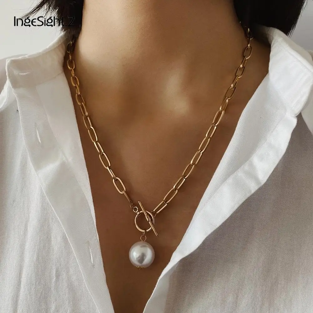 Pearl Pendant Necklace Thick Chain Curb Women Jewelry Cuban Imitation-Baroque Punk Ingesight.z