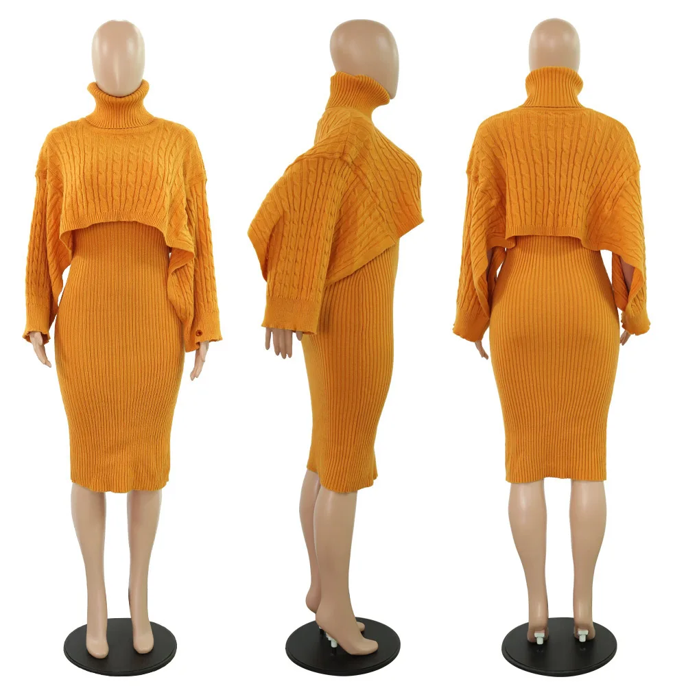HAOOHU комплект из двух предметов; женская одежда больших размеров; сезон осень-зима; вязаный свитер с высоким воротом; Топ и платье; комплект из 2 предметов; одинаковые комплекты