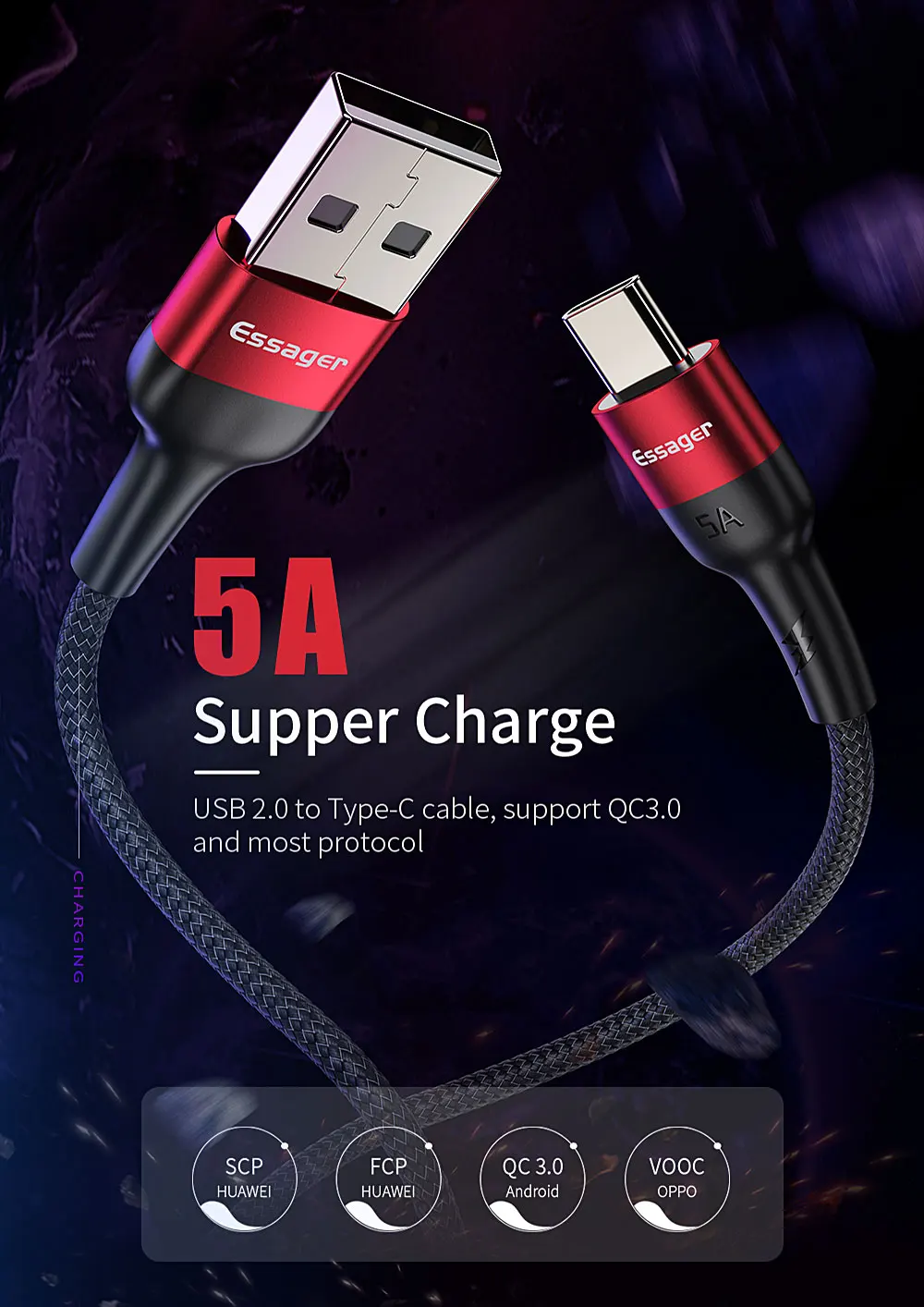 

Essager 5A USB Type C Cable for Huawei Mate 20 P30 P20 Pro Lite Xiaomi Redmi Note 7 USBC Type-C Cord Fast Charging USB-C Wire