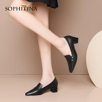 

SOPHITINA Office Career Women Pumps High Quality Cow Leather Rivet Decoration Slip-On Square Heel Shoes New Mature Pumps PO411-1