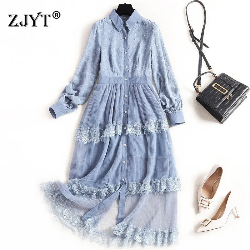 

Top Fashion Women Spring Dress 2020 New Designer Clothes Long Sleeve Turn Down Collar Lace Tulle Patchwork Chiffon Dress