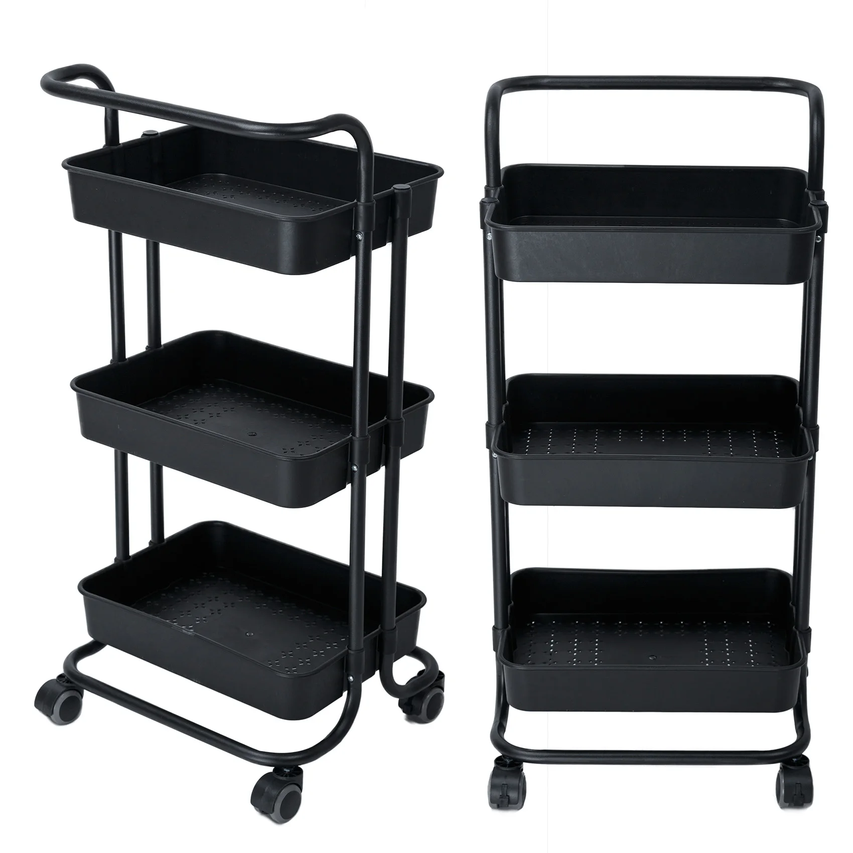 Cool Black SAYZH 3 Tier Rolling Utility Cart with Wheels Mobile Metal Storage Organizer Shelf Service Cart Easy Assembly for Laundry Kitchen Office Bathroom 