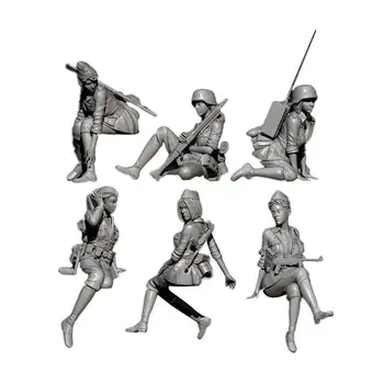

1/35 Resin Figure Kit 6pcs/set Self-assembled Resin Female Tank Soldier Model Toy Unassembled Resin Soldier White Model Ornament