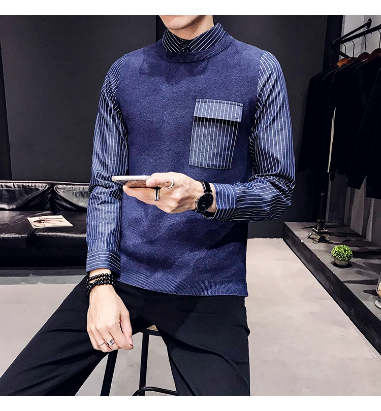 Британский стиль поддельные две части свитер пуловер свитер мужской Blusa Masculina модная одежда мужской круглый вырез длинный рукав вязание