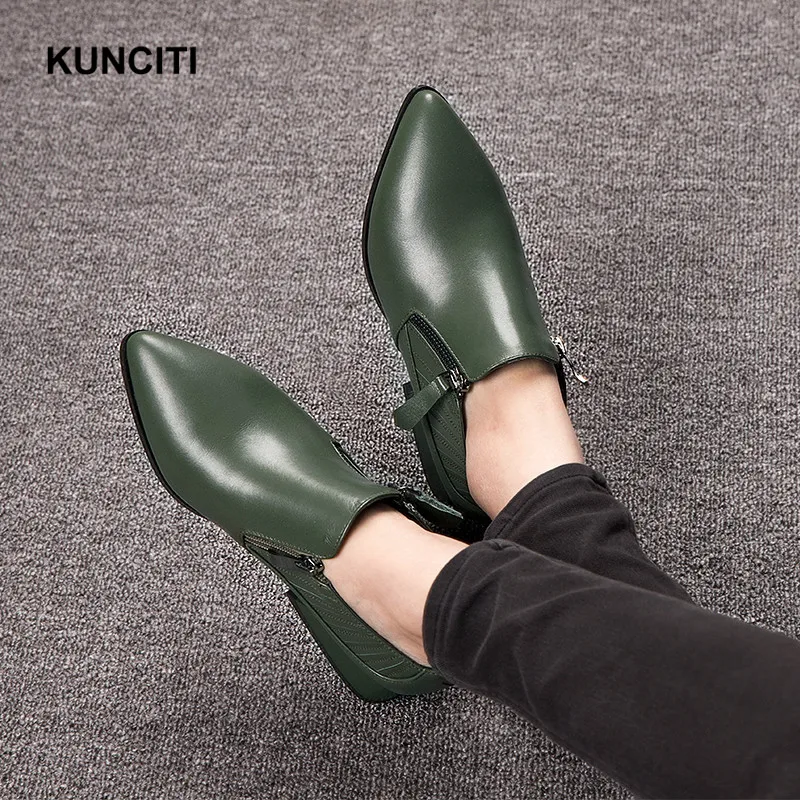 KUNCITI Women's Basic Pumps Pointed Toe Ladies Casual Shoes Retro Vintage Western Comfortable Pumps Zipper Up Med Heels Newest