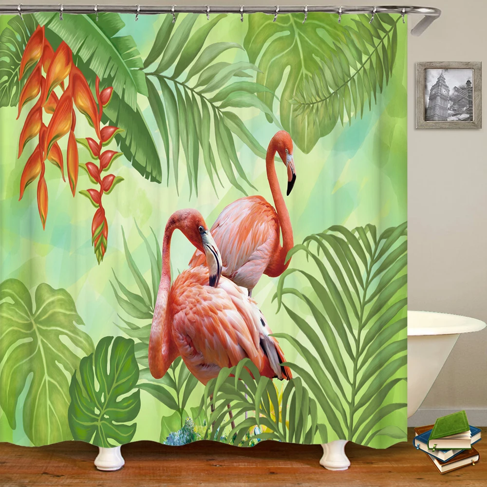 

240x180cm bathroom waterproof shower curtain tropical plants Pink bird flamingo printing polyester bath curtain home decoration