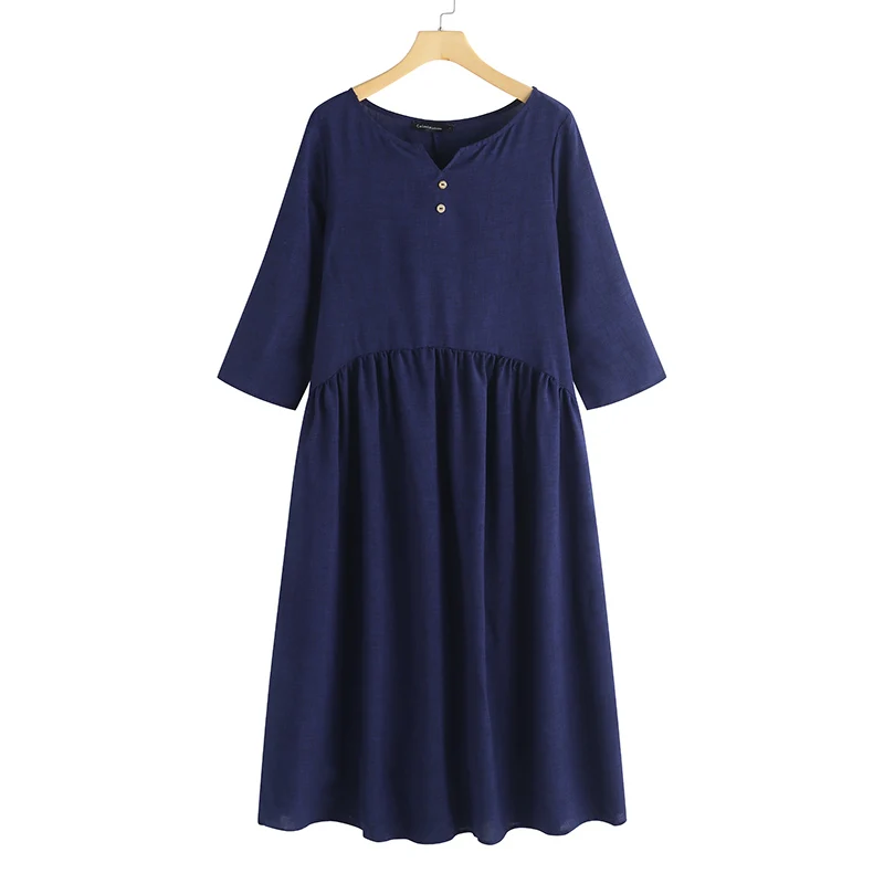 Женское летнее винтажное длинное платье-рубашка с v-образным вырезом и рукавом 3/4, Повседневный Сарафан, свободное Плиссированное Макси платье размера плюс - Цвет: Navy
