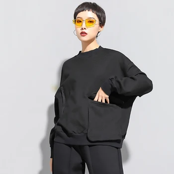 

Korea Women Black Big Pocket Split Joint Big Size T-shirt New Round Neck Long Sleeve Fashion Tide Spring Autumn 2020 1N792