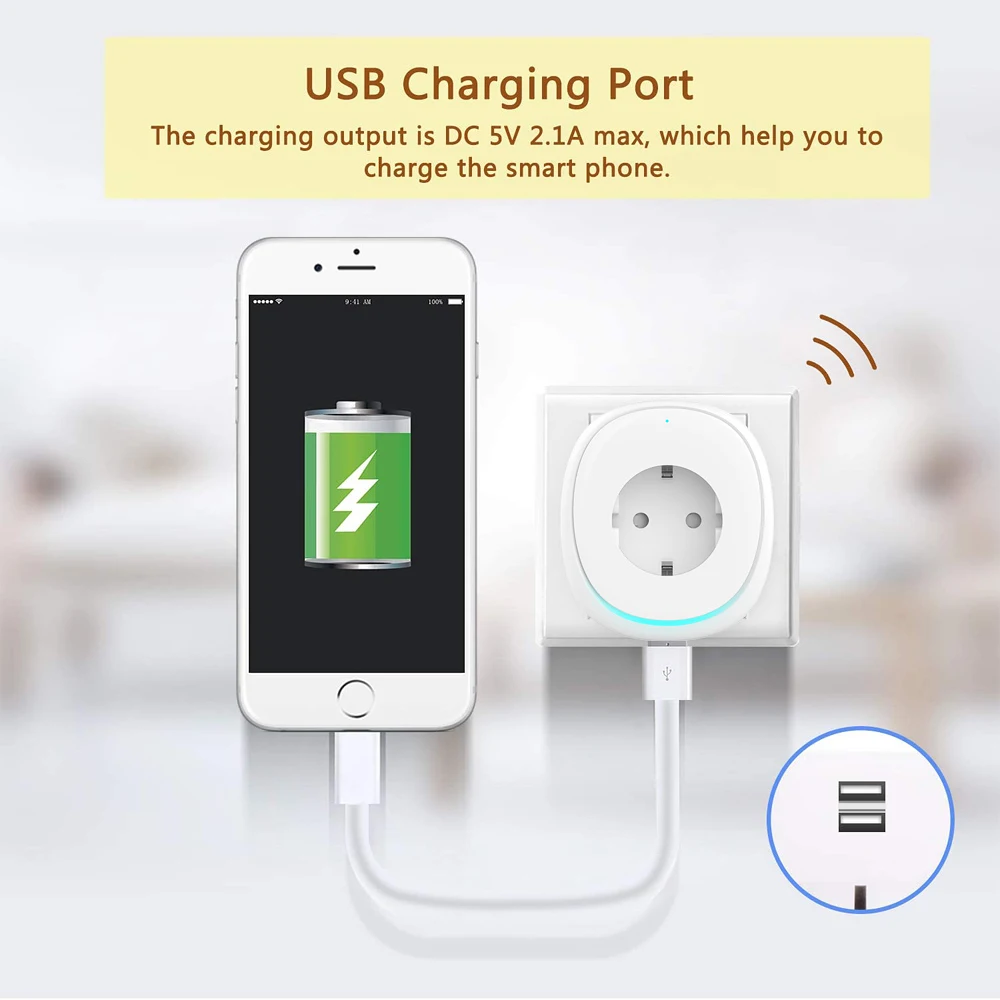 AVATTO WiFi Smart scoket 10A EU RGB светильник с 2 usb портами. Tuya приложение дистанционное