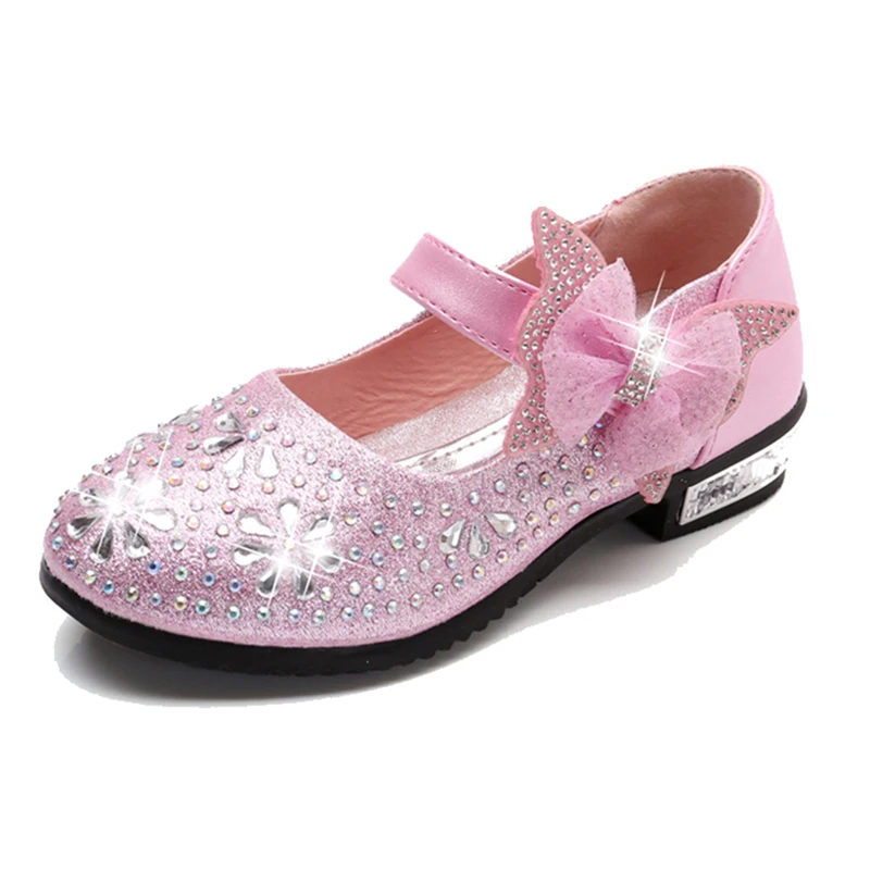 

Children Kids High Heel Wedding Party Leather Dress Shoes For Girls School Rhinestone Gold Blue Silver Princess Shoes 5-12 Years