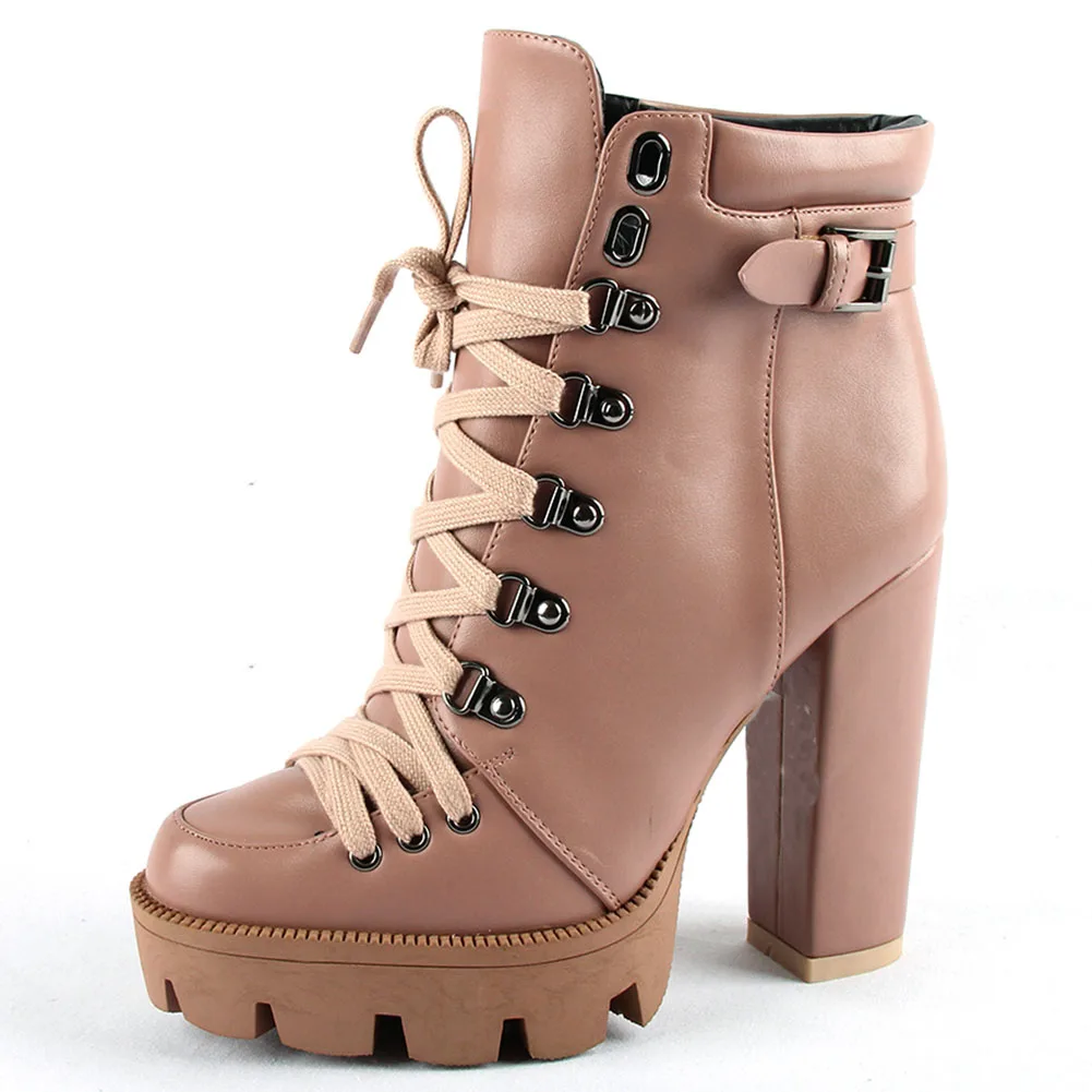 RIBETRINI/женские ботильоны на платформе в римском стиле; ботинки на высоком каблуке; обувь на шнуровке с круглым носком; женская обувь; цвет розовый, черный; большие размеры 36-43