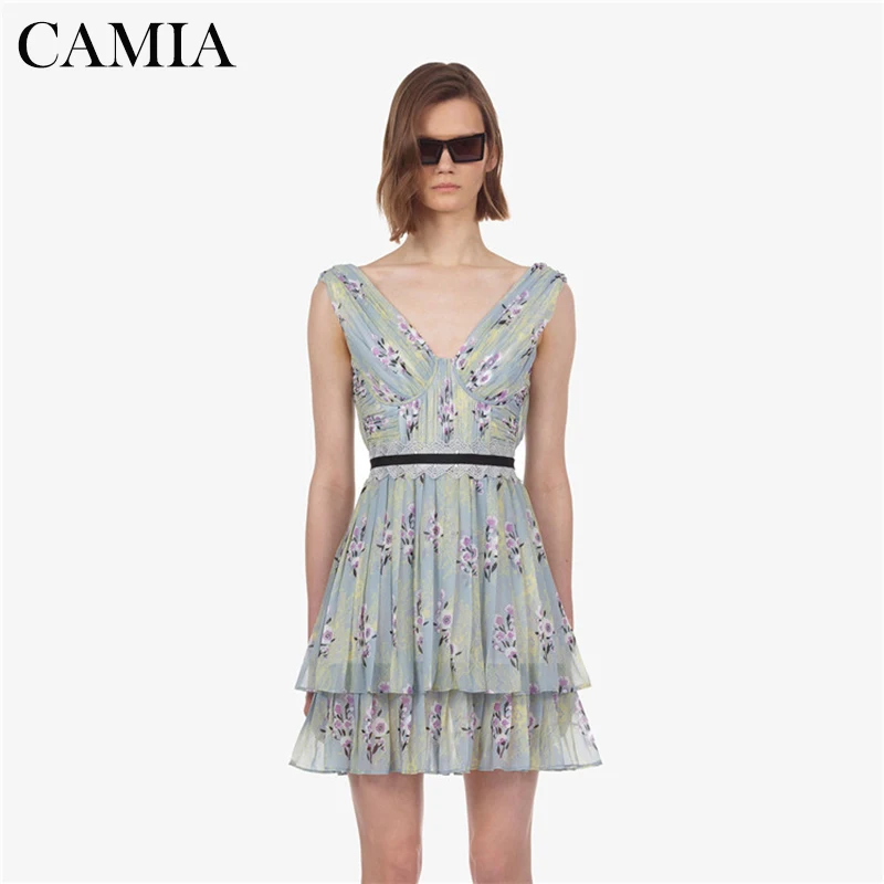 CAMIA summer print dress V-neck sleeveless lace print high waist dress female