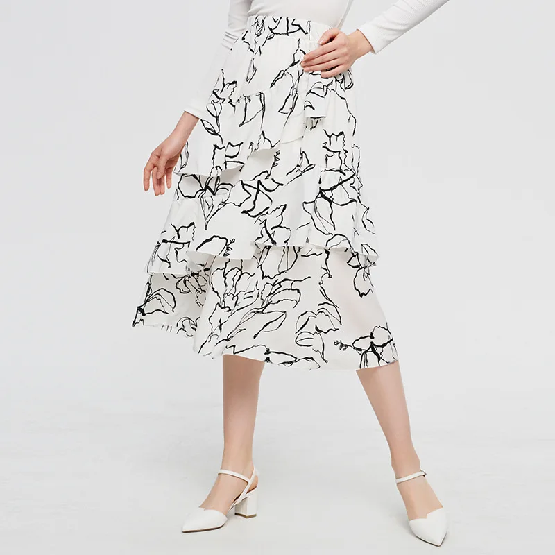 

White A-line Skirt Womens Summer Boho Midi Skirts Sweet Ruffle Skirt in Midi-calf Length with Ruffles and Floral Pattern