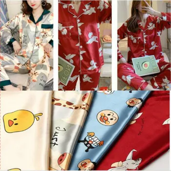 

Ice silk pajamas satin fabric cartoon pattern simulation silk printing spring and summer night gown cheongsam home service fabri