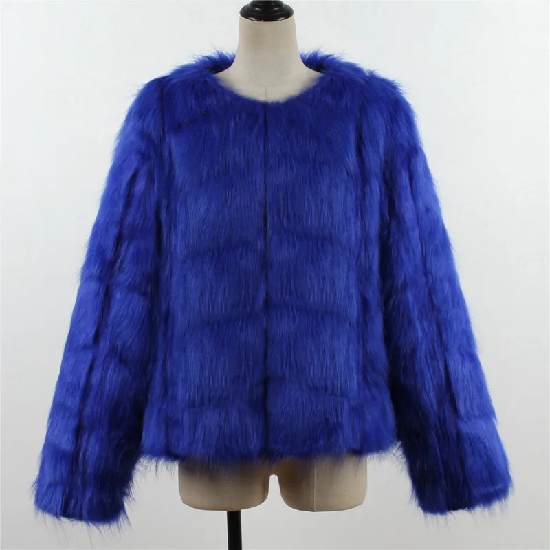 LANSHIFEI New Faux Fur Coat High Quality Fashion Slim Black Red Pink Faux Fur Jacket Fake Rabbit Fur Coat - Цвет: Синий