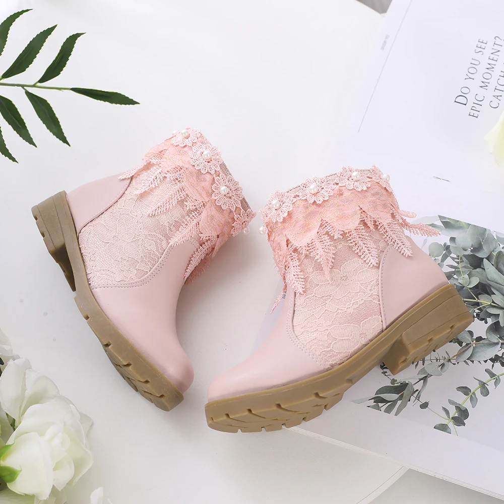 Кружевные ботинки для девочек от 4 до 15 лет; детская обувь с цветочным рисунком; прогулочная обувь; кружевная обувь с разрезом; цвет белый, розовый; сезон осень-зима; party901A-5