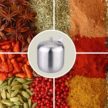 

New Stainless Steel Home Storage Kitchen Tool Accessories Drum Shaped Cruet Seasoning Pot Sugar Coffee Can Container with Spoon