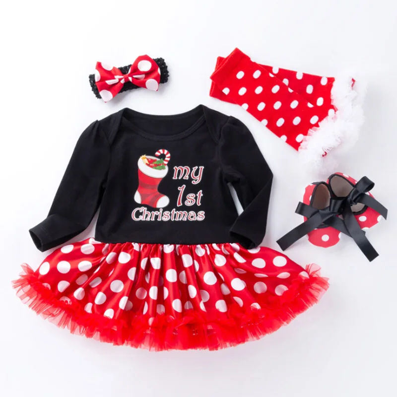 Платье для новорожденных девочек красная одежда в горошек с надписью «my first christmas», Рождественская шапка Санты, платье-пачка с повязкой на голову, комплекты одежды для малышей в полоску - Цвет: 4pcs R