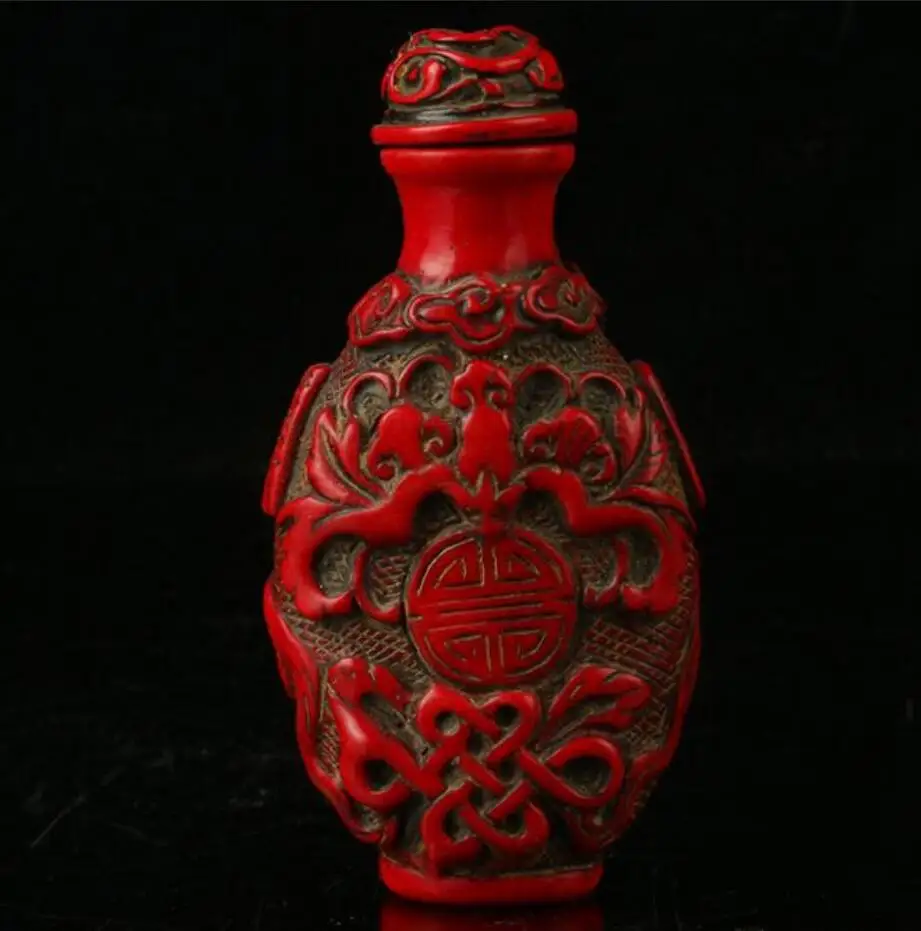 EXQUISITE CHINESE OLD RED CORAL RESIN HAND-CARVED PHOENIX SNUFF BOTTLE
